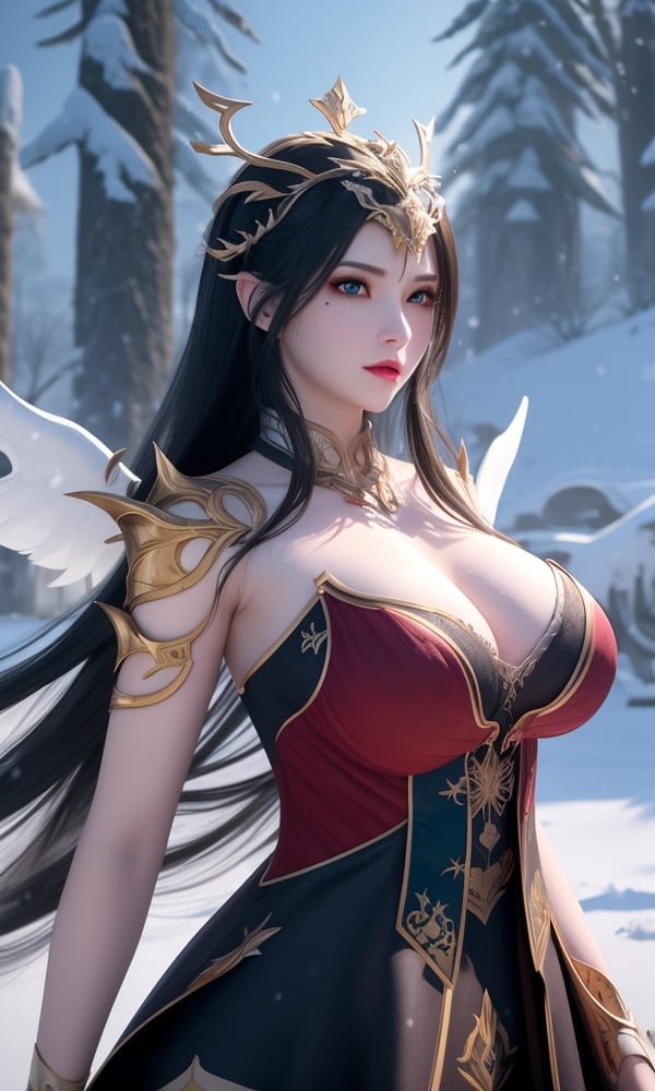 (,1girl, ,best quality, )<lora:DA_彩鳞-女王-斗破苍穹:0.6>, ,masterpiece, fantasy, realistic,science fiction,mole, ultra realistic 8k cg, ,tamari \(flawless\),  large breasts  ,outdoors,  upper body, (),,, snow, snowing,ice wings:1.5,