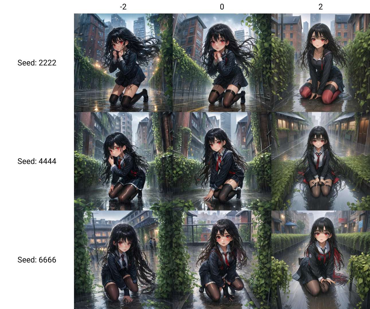 ((masterpiece)), ((best quality)), (ultra-detailed), (illustration), ((an extremely delicate and beautiful)), beautiful detailed eyes,wide shot,((1girl)),(solo),(red_eyes),black hair,long hair,(messy floating hair),(wet),(school uniform),((black stocking)),(kneeling:1.4),Hands on the ground,(City),(Vines entwined buildings in the city:1.3),((rainy days)),(rain), <lora:SDXL Detail:-2>