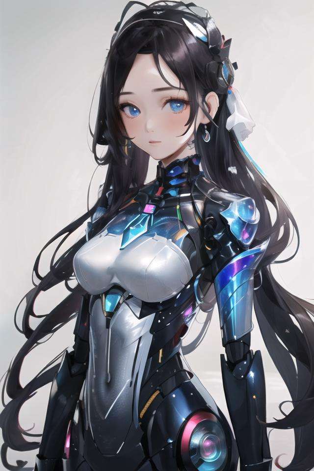 Best quality, masterpiece, ultra high res, 1girl, upper body, black hair, holographic, looking at viewer, very long hair, <lora:holographicV1:0.75>, city, humanoid robot, 