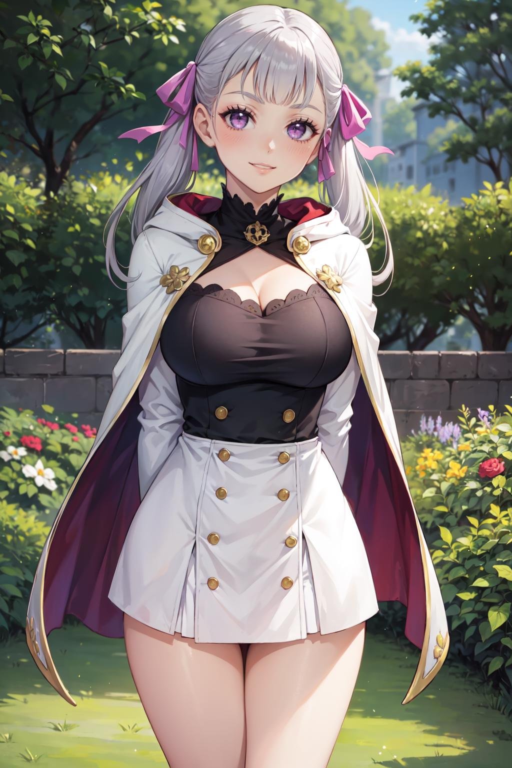 (masterpiece, best quality, glowing light, ultra detailed, detailed background, complex background), (perfect face, detailed face), (mature female, milf:1.4), full-face blush, thighs, parted lips, light smile, thighs<lora:noelle_silva-10:1>, black clover, noelle silva, 1girl, black bulls (emblem), black capelet, breasts, capelet, closed mouth, dress, grey hair, hair ribbon, jacket, looking at viewer, low twintails, portrait, purple dress, purple ribbon, ribbon, smile, solo, twintails, white jacket(garden, outdoors, arms behind back, )