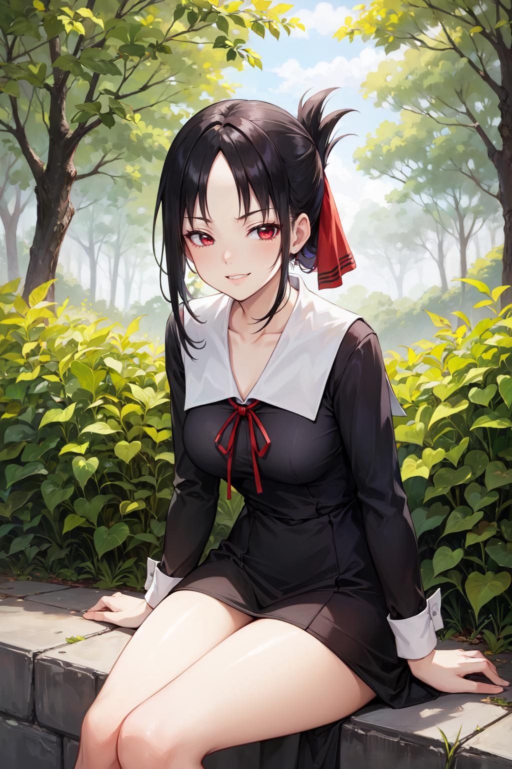 masterpiece, best quality, ultra-detailed, glowing light, (detailed background, complex background:1.2), (perfect face, detailed face), (mature female, milf:1.4), thick thighs, parted lips, red eyes<lora:shinomiya_kaguya:0.8>, shinomiya_kaguya, parted bangs, ribbon, red ribbon, hair ribbon, sidelocks, folded ponytail, dress, short hair, black dress, school uniform, shuuchiin academy school uniform, collarbone, long sleeves, neck ribbon, small breasts(garden, outdoors, sitting, smirk, smug, half-closed eyes, thighs)