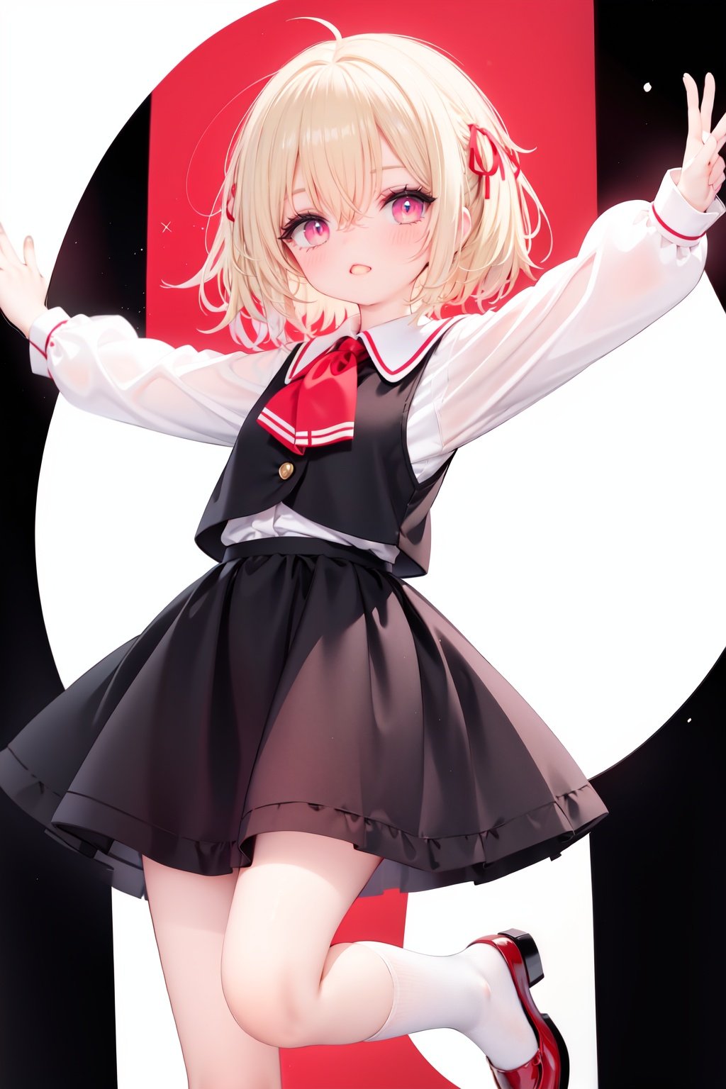  1girl, rumia, blonde hair, solo, white background, red eyes, red footwear, simple background, ascot, short hair, ribbon, open mouth, hair ribbon, smile, long sleeves, shirt, looking at viewer, red ascot, white socks, white shirt, red ribbon, shoes, socks, frills, bangs, outstretched arms, hair between eyes, skirt, :d, dress, vest, mary janes, black dress, black skirt, collared shirt, black vest, blush