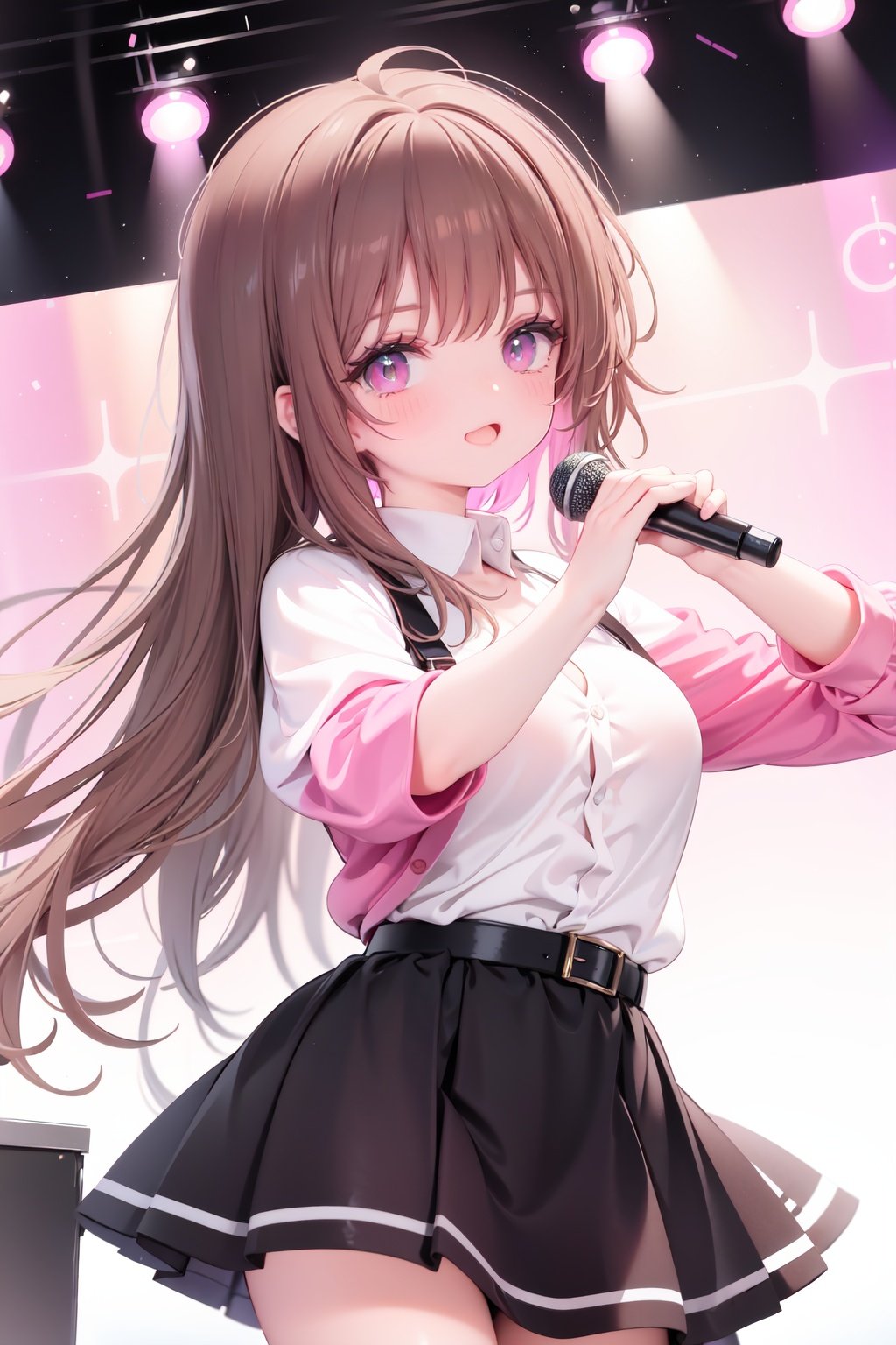  1girl, solo, microphone, smile, skirt, blush, brown eyes, long hair, open mouth, looking at viewer, brown hair, long sleeves, :d, shirt, bangs, belt, breasts, pink shirt, outstretched arm, music, black belt, medium breasts, holding microphone, singing