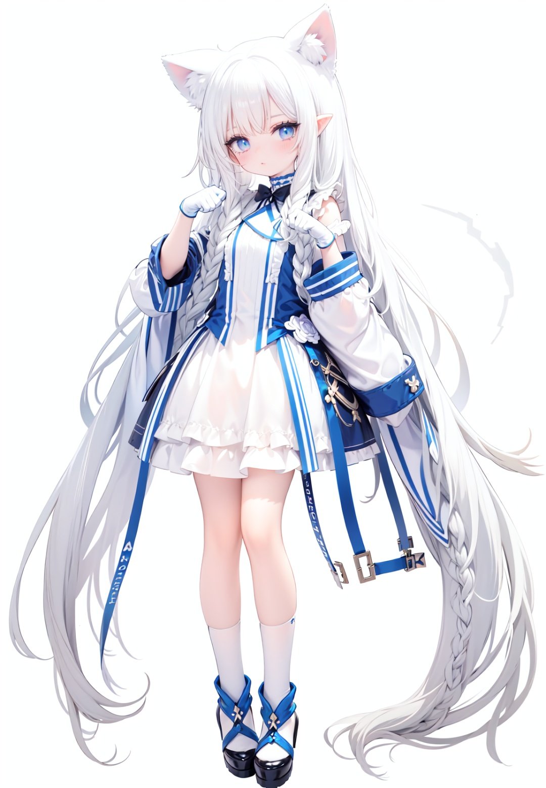  1girl, white_gloves, braid, full_body, gloves, long_hair, official_alternate_costume, pointy_ears, simple_background, solo, standing, very_long_hair, white_background, white hair, blue eyes, paw claw pose, open_mouth