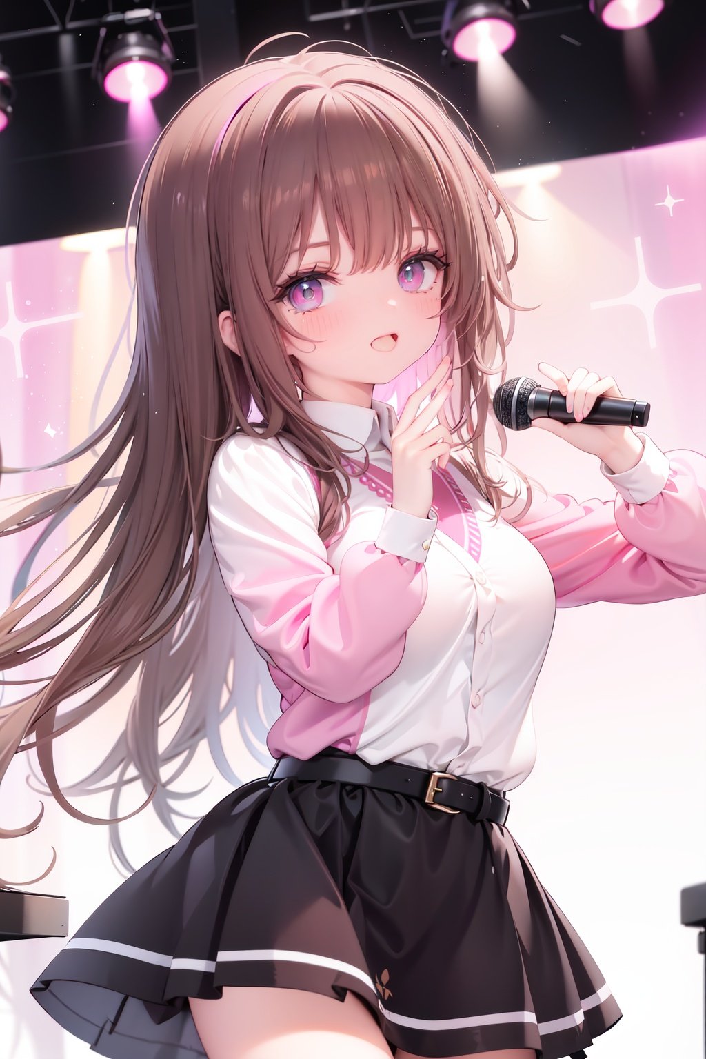  1girl, solo, microphone, smile, skirt, blush, brown eyes, long hair, open mouth, looking at viewer, brown hair, long sleeves, :d, shirt, bangs, belt, breasts, pink shirt, outstretched arm, music, black belt, medium breasts, holding microphone, singing