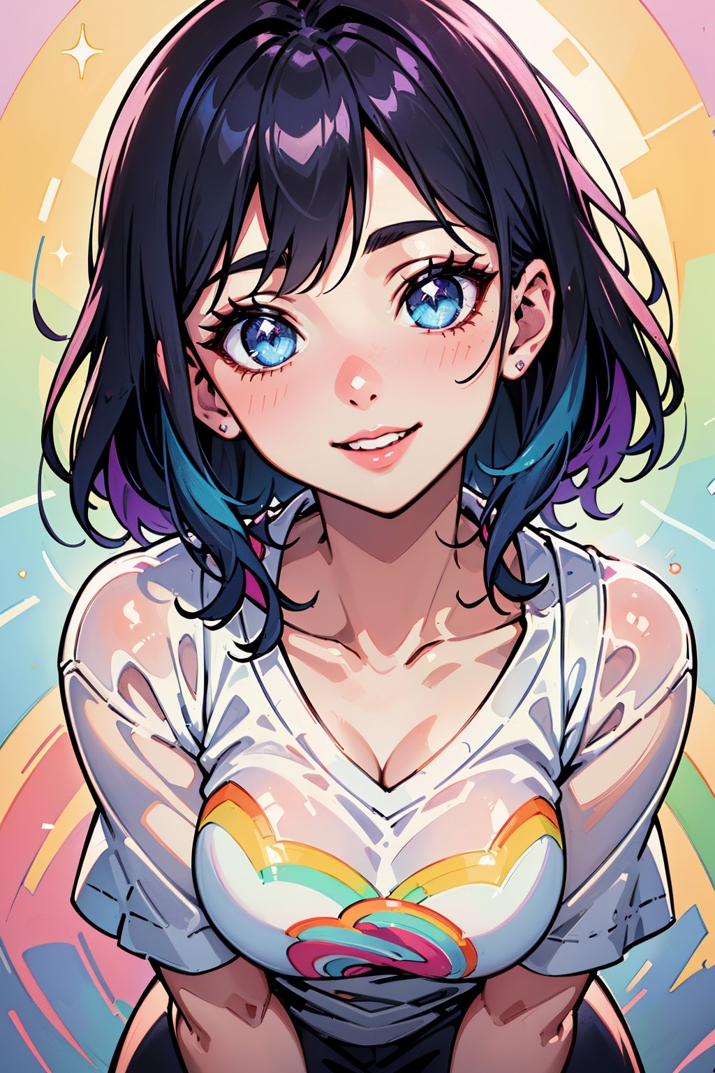 (a cute girl:1.1),smiling,blushing,short outfit,rainbow color hair,beautiful detailed eyes,beautiful detailed lips,extremely detailed eyes and face,long eyelashes,colorful background,happy expression,soft sunlight,playful pose,vibrant colors,lively atmosphere,whimsical art style,medium:pastel drawing,ultra-detailed(best quality:1.2),rainbow highlights,sparkling eyes