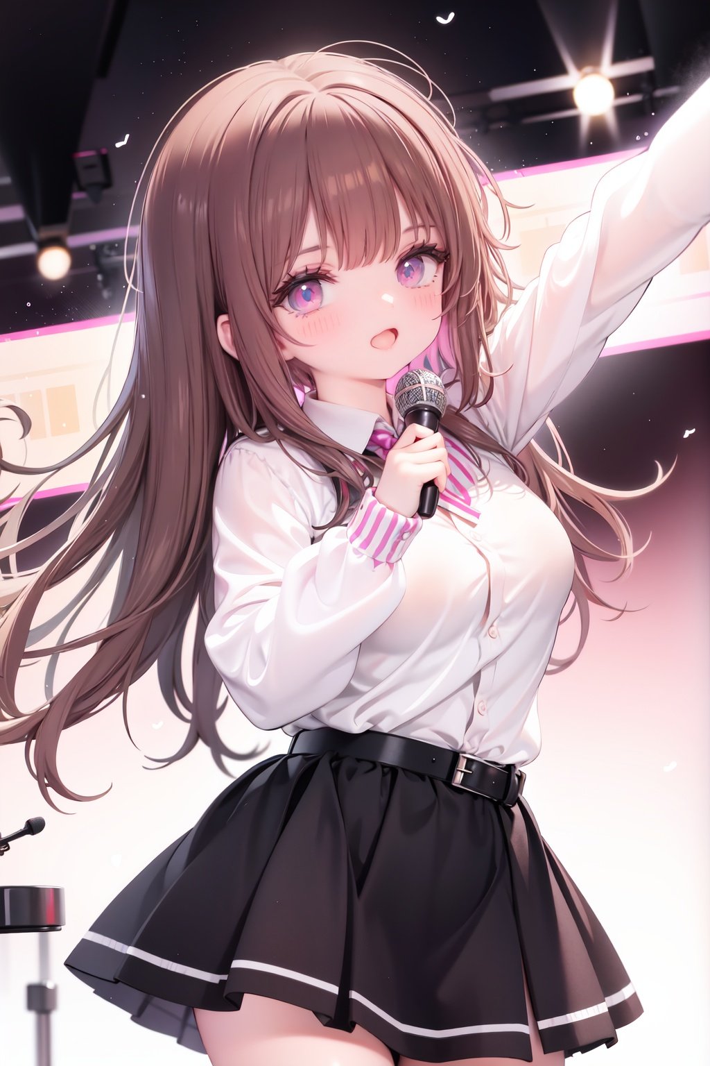  1girl, solo, microphone, smile, skirt, blush, brown eyes, long hair, open mouth, looking at viewer, brown hair, long sleeves, :d, shirt, bangs, belt, breasts, pink shirt, outstretched arm, music, black belt, medium breasts, holding microphone, singing