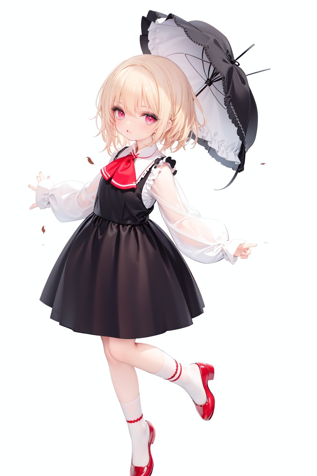  1girl, rumia, blonde hair, solo, white background, red eyes, red footwear, simple background, ascot, short hair, ribbon, open mouth, hair ribbon, smile, long sleeves, shirt, looking at viewer, red ascot, white socks, white shirt, red ribbon, shoes, socks, frills, bangs, outstretched arms, hair between eyes, skirt, :d, dress, vest, mary janes, black dress, black skirt, collared shirt, black vest, blush