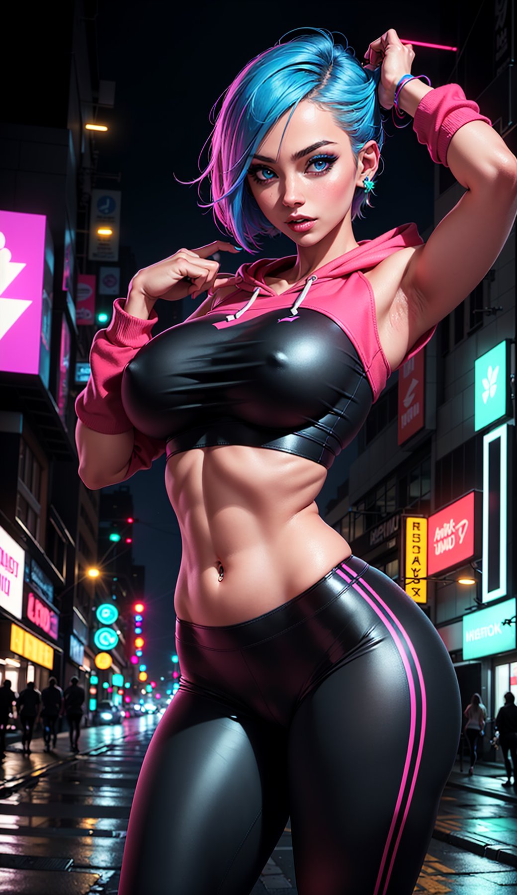 1 girl, beautiful face, perfect blue eyes, sparks, (cropped hoodie, crop top, leggings:1.1), (female hair made of neon:1.5), (short thin hair made of neon strands flowing down the body), (in a street:1.2), (gigantic breasts:1.2), midriff, skinny, large hip, (sexy pose, dynamic pose), (strip club), ultra high resolution, 8k, HDR, art, high detail,cybernoenKA