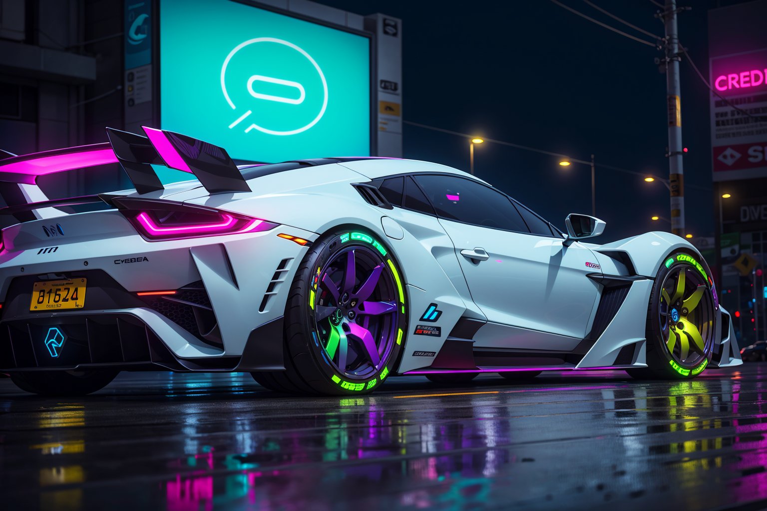 (digital artwork), EV Super car, wide body kit, modified car, racing livery, rainingmasterpiece, best quality, realistic, ultra highres, depth of field,(full dual colour neon lights:1.2), (hard dual colour lighting:1.4), (detailed background), (masterpiece:1.2), (ultra detailed), (best quality), intricate, comprehensive cinematic, magical photography, (gradients), colorful, detailed landscape, visual key,cybernoenKA