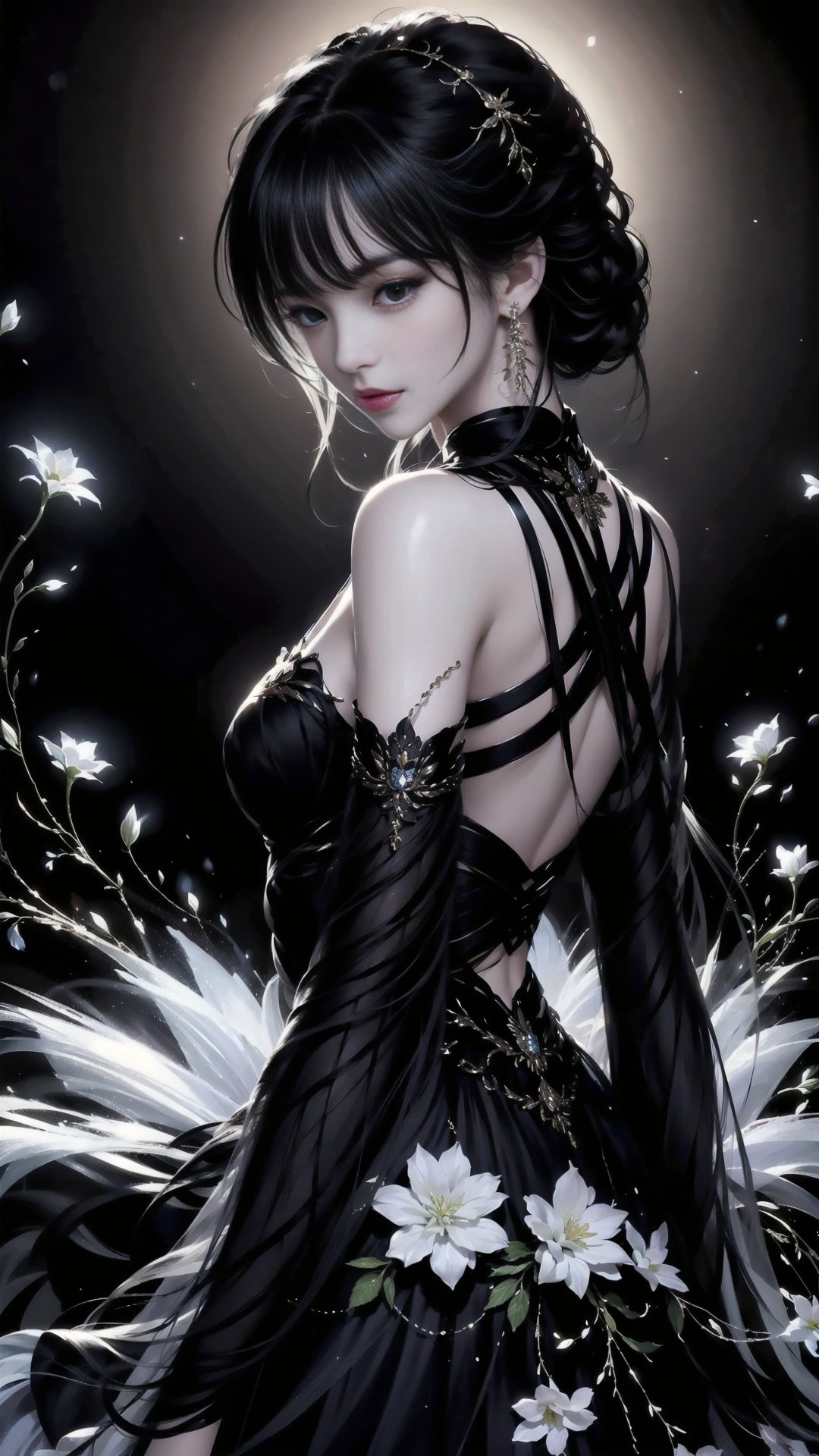 a woman in a black dress with a white flower on her chest and a black background with a light shining down on her,<lora:二次元:0.8>