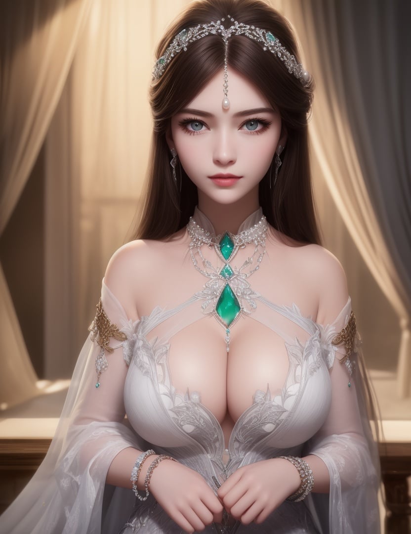 ultra realistic 8k cg, picture-perfect face, flawless, clean, masterpiece, professional artwork, famous artwork, cinematic lighting, cinematic bloom, perfect face, beautiful face, beautiful eyes, fantasy, dreamlike, unreal, science fiction, huge breasts, beautiful clothes, absurdly long hair, very long hair, (rich:1.4), prestige, luxury, jewelry, diamond, gold, pearl, gem, sapphire, ruby, emerald, intricate detail, delicate pattern, charming, alluring, seductive, erotic, enchanting, hair ornament, necklace, earrings, bracelet, armlet,((1girl, ))    <lora:DA_宁荣荣神装NingRongrongGodClothes:0.6>