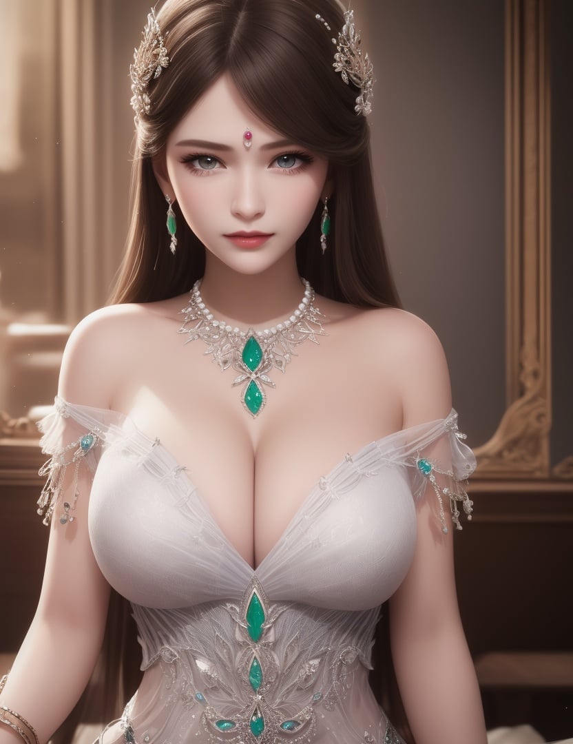 ultra realistic 8k cg, picture-perfect face, flawless, clean, masterpiece, professional artwork, famous artwork, cinematic lighting, cinematic bloom, perfect face, beautiful face, beautiful eyes, fantasy, dreamlike, unreal, science fiction, huge breasts, beautiful clothes, absurdly long hair, very long hair, (rich:1.4), prestige, luxury, jewelry, diamond, gold, pearl, gem, sapphire, ruby, emerald, intricate detail, delicate pattern, charming, alluring, seductive, erotic, enchanting, hair ornament, necklace, earrings, bracelet, armlet,((1girl, ))    <lora:DA_宁荣荣神装NingRongrongGodClothes:0.6>