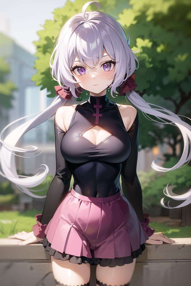 1girl,white hair, light purple hair,  purple eyes, low twintails, twintails, 