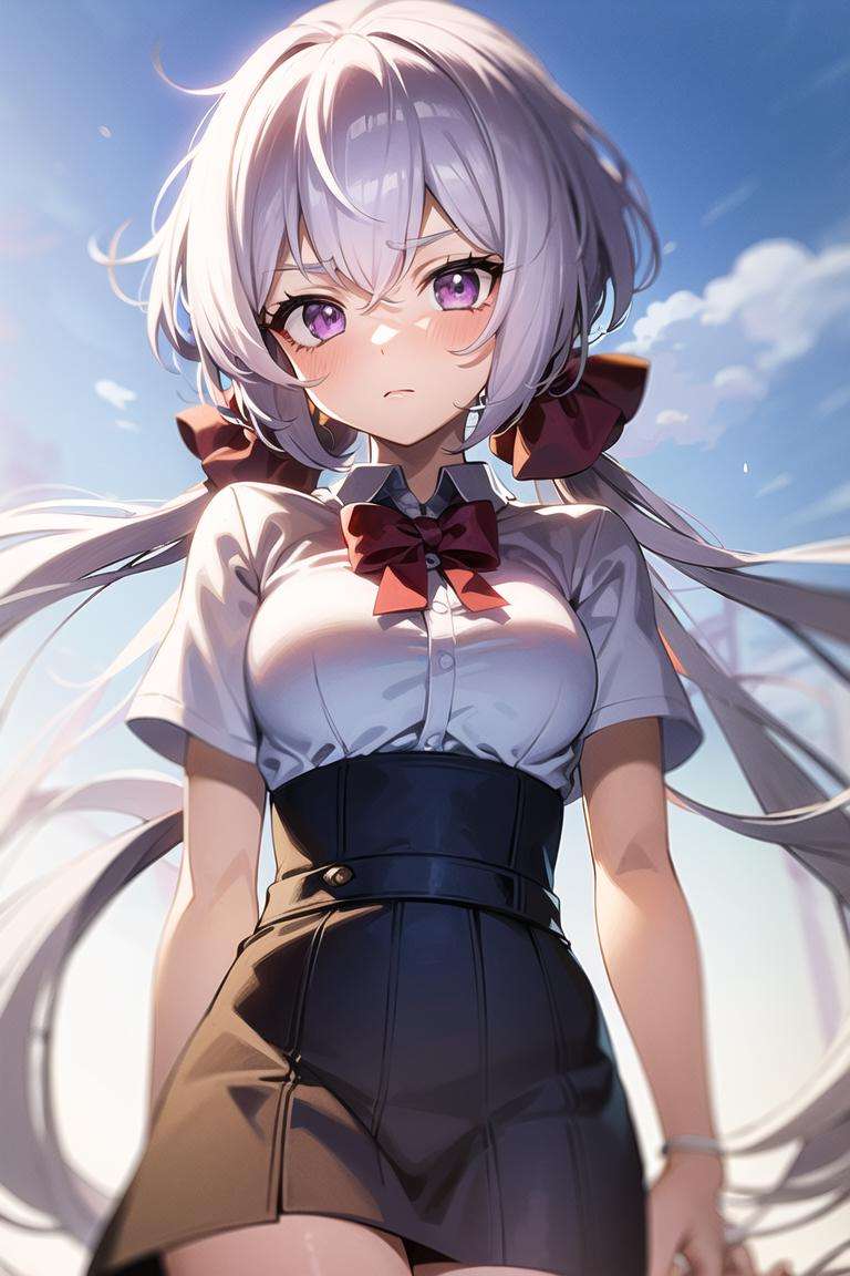 1girl,white hair, light purple hair,  purple eyes, low twintails, twintails, very long hair, school uniform, 