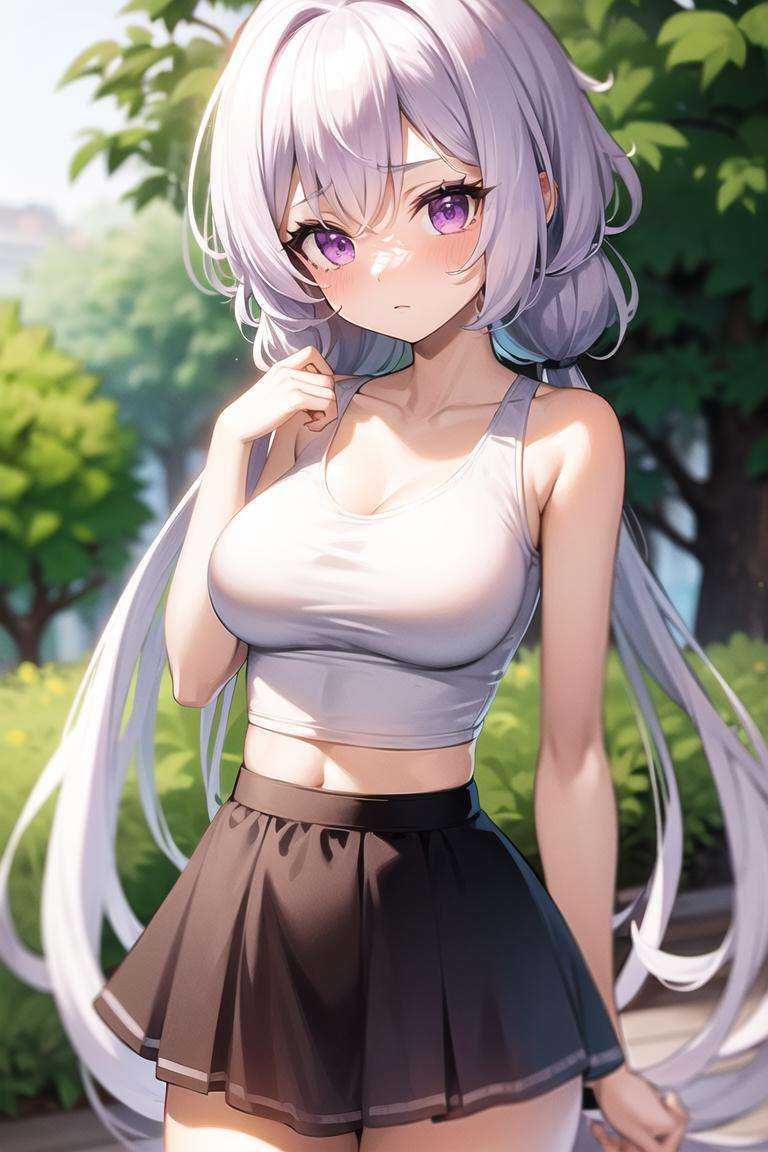 1girl,white hair, light purple hair,  purple eyes, low twintails, twintails, very long hair, miniskirt, midriff, tank top, 