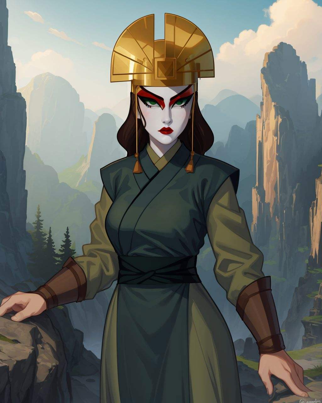 <lora:Kyoshi:0.7>, Kyoshi, green dress, makeup, brown hair, green eyes, serious, mountain, cowboy shot, helmet, headdress, red lips, long dress