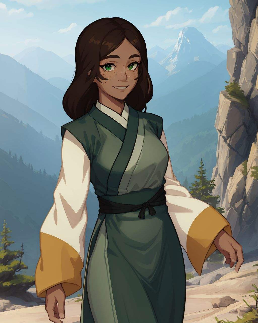 <lora:Kyoshi:0.7>, Kyoshi, green dress, brown hair, green eyes, mountain, cowboy shot, long dress, light smile, dark skin, freckles