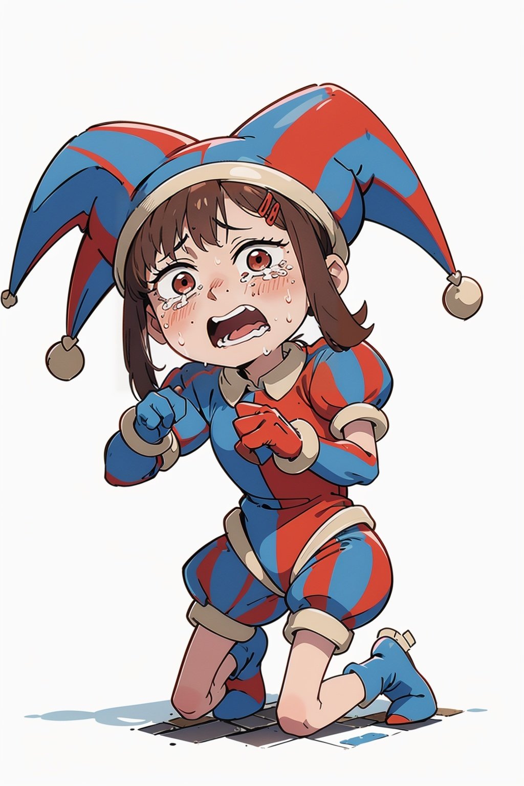 Kobeni ,,Pomni, Pale Skin, Brown Hair, Multicolored Eyes, Red Eye, Blue Eye, Jester Hat, Jester Outfit,Kobeni,kobeni wearing a jester costume ,((a girl kneeling) ), crying, masterpiece, good anatomy, white background,full body,character design, different poses, full HD 