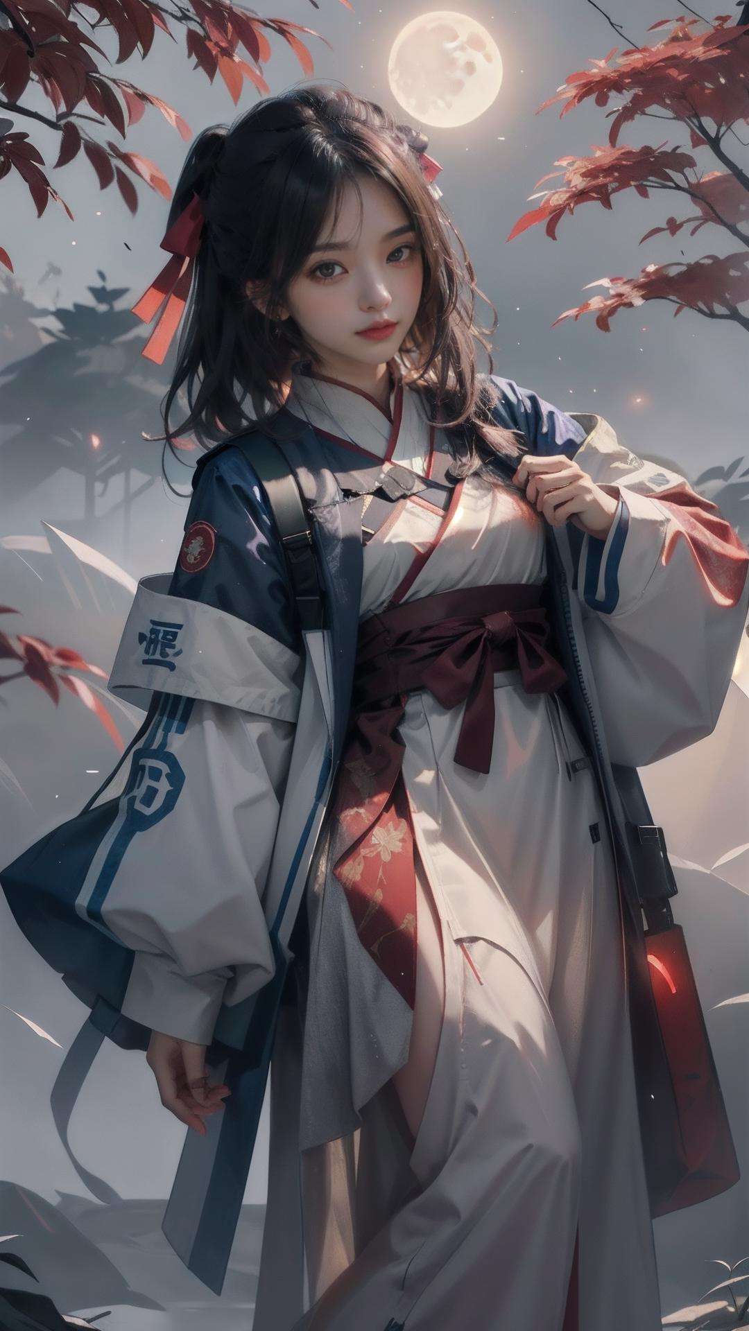 masterpiece, best quality,highres, 1girl, <lora:easttechwear:0.8>\(red, hanfu\), ((moon)), starry sky, (lighting particle), fog,paper lantern, autumn, red autumn leaves