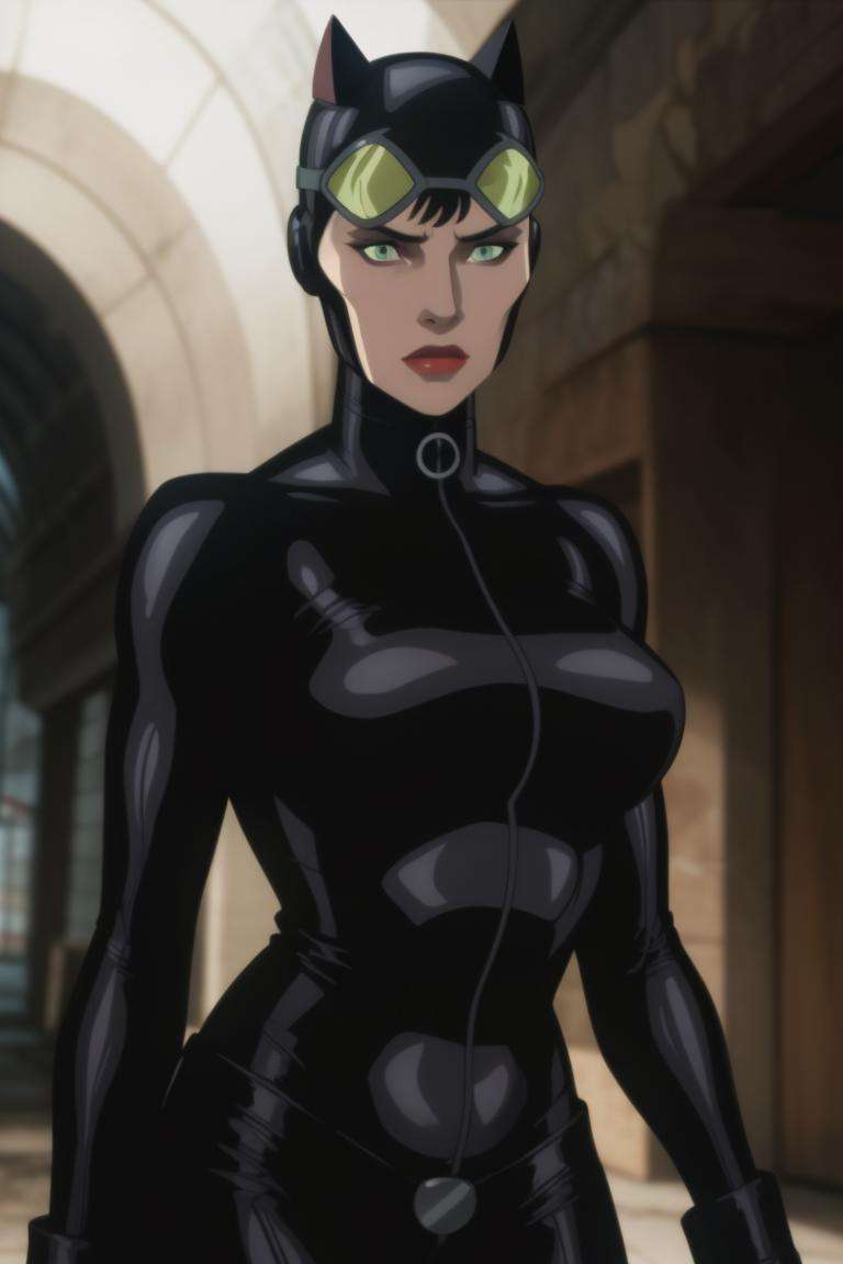 CARTOON_catwoman_unmasked_ownwaifu, www.ownwaifu.com,breasts, lipstick, green eyes, makeup, lips, superhero, red lips, medium breasts, narrow waist, curvy, toned, nose, goggles on head, bodysuit, black bodysuit, cat ears, mask, helmet, catsuit,  <lora:CARTOON_catwoman_batmanhush_ownwaifu:0.8>, masterpiece,best quality,ultra detailed, 8k, cinematic light,highly detailed, scenery,pose,solo,looking at viewer,