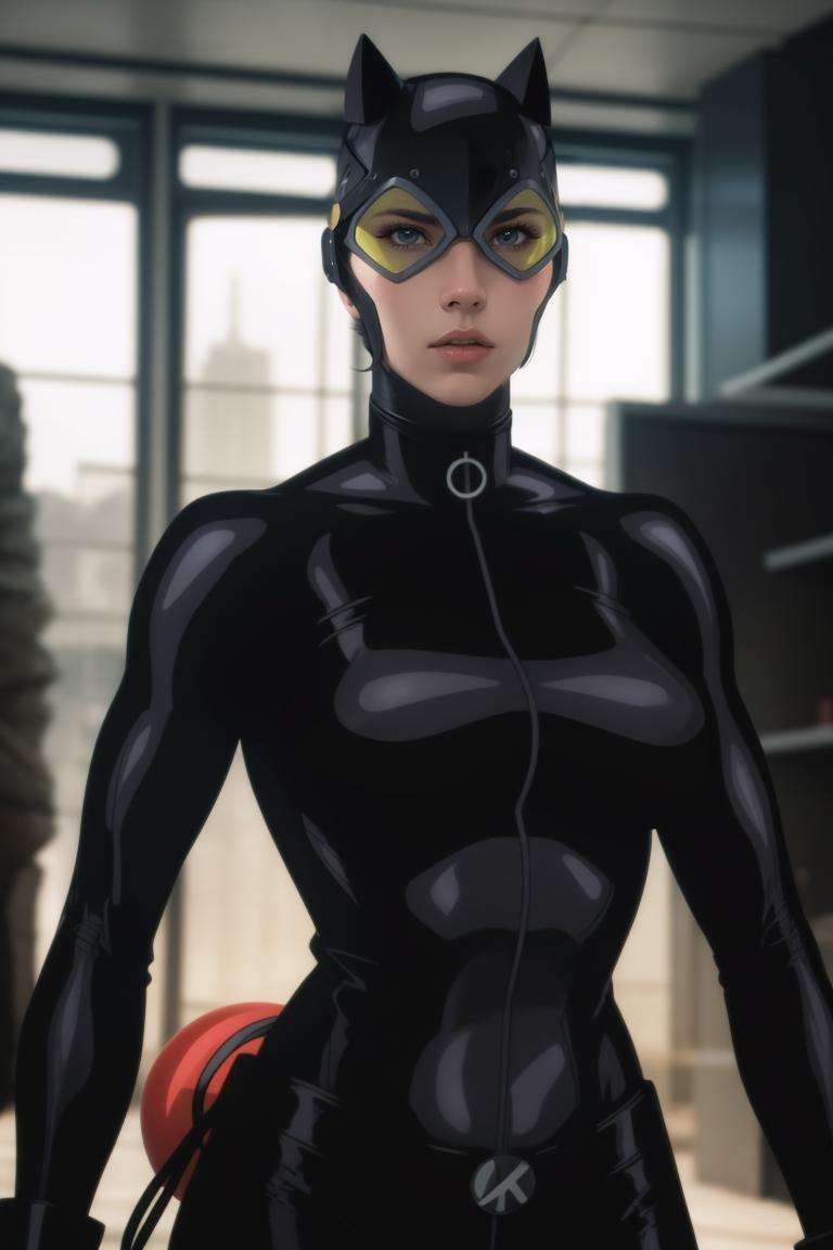 CARTOON_catwoman_masked_ownwaifu, www.ownwaifu.com,breasts, lipstick, green eyes, makeup, lips, superhero, red lips, medium breasts, narrow waist, curvy, toned, goggles on head, bodysuit, black bodysuit, cat ears, mask, helmet, catsuit,  <lora:CARTOON_catwoman_batmanhush_ownwaifu:0.8>, masterpiece,best quality,ultra detailed, 8k, cinematic light,highly detailed, scenery,pose,solo,looking at viewer,