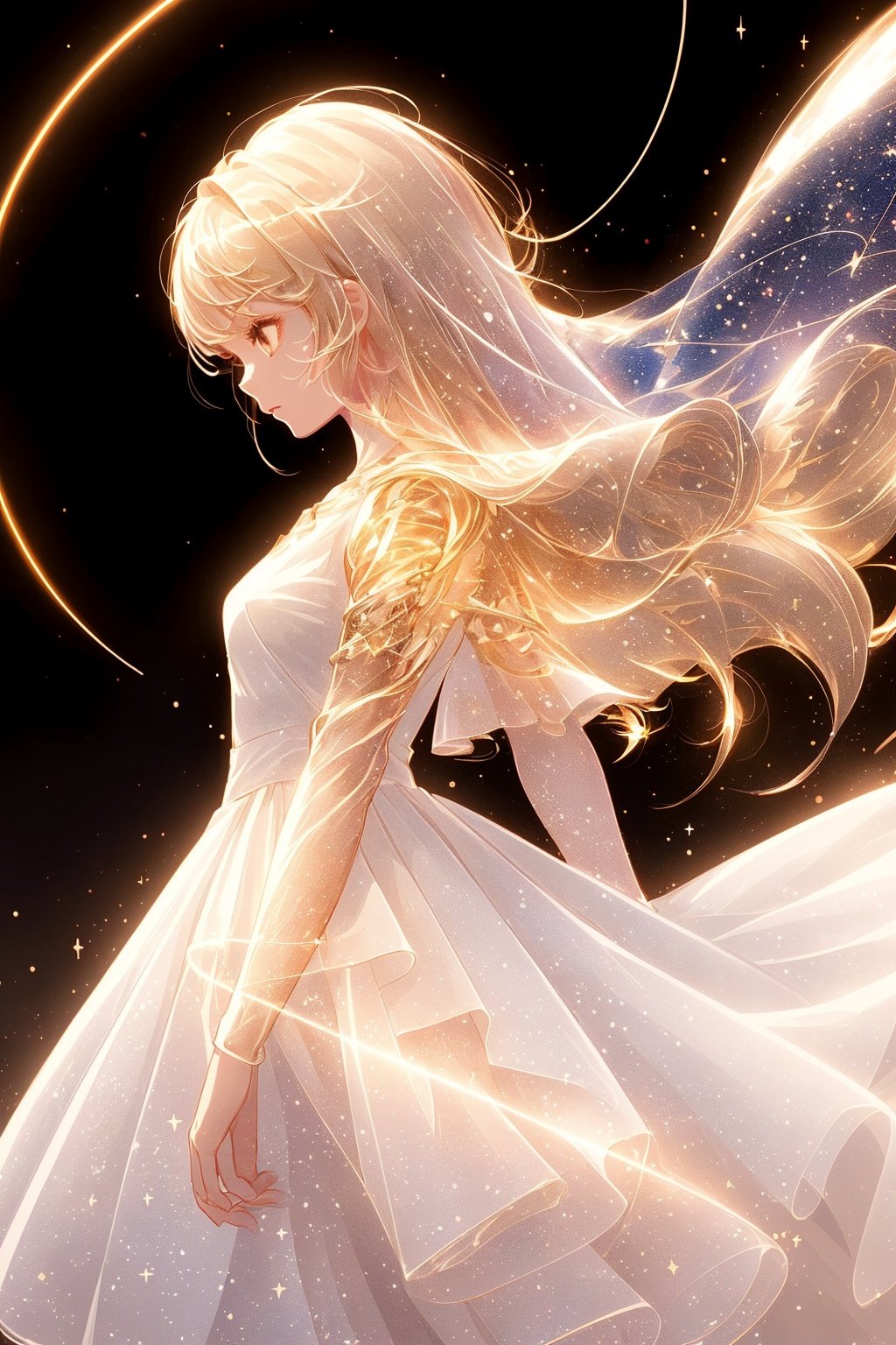  Best quality, 8k, cg,A girl formed by light,solo,glowing,black_background,light,A dress formed by light,starry_background