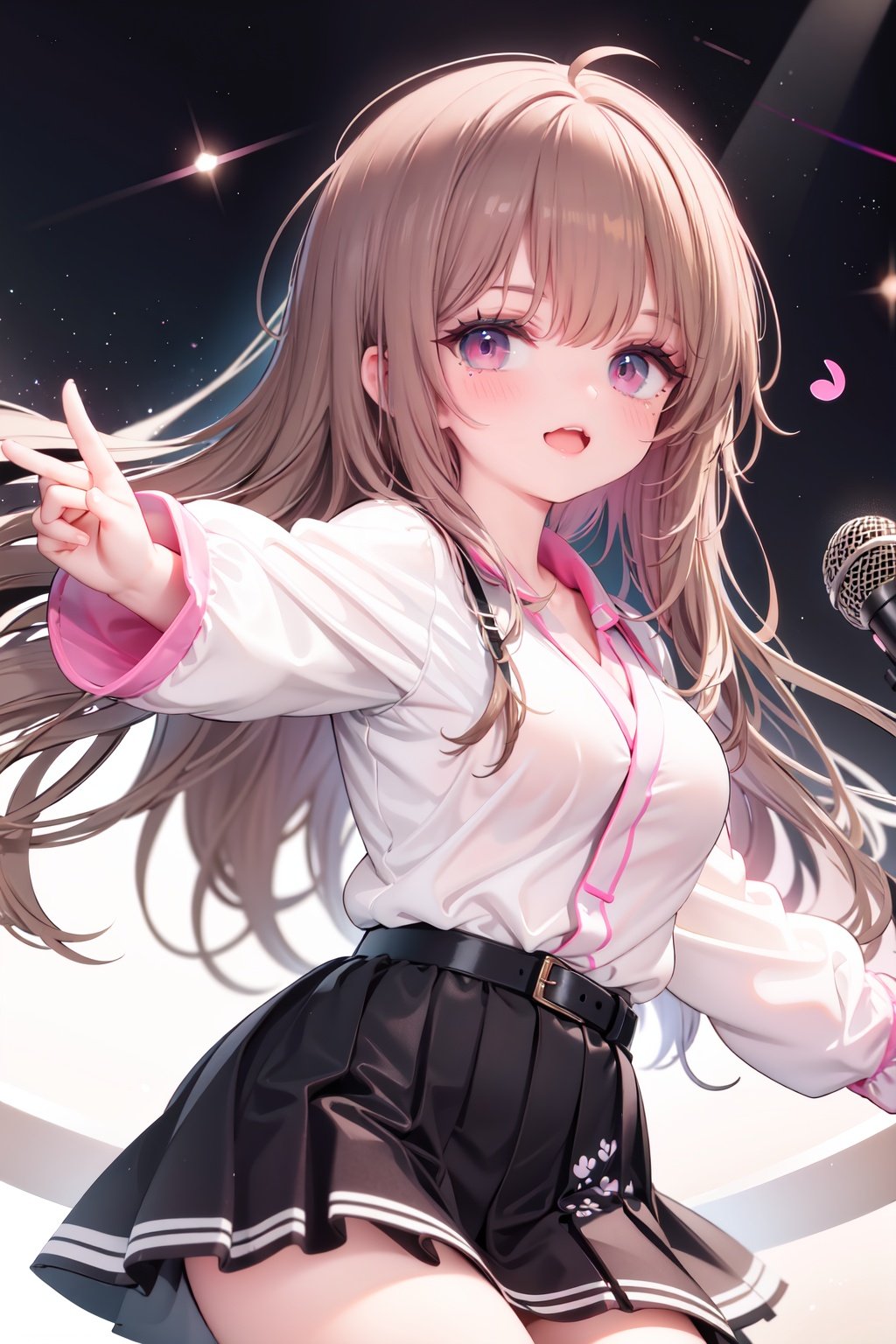  1girl, solo, microphone, smile, skirt, blush, brown eyes, long hair, open mouth, looking at viewer, brown hair, long sleeves, :d, shirt, bangs, belt, breasts, pink shirt, outstretched arm, music, black belt, medium breasts, holding microphone, singing