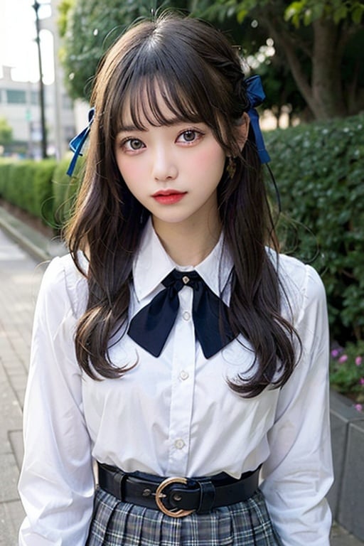 masutepiece, Best Quality, {Best Quality}, {{masutepiece}}, {hight resolution}, Illustration, 1girl in, Inoue Takina, Long hair, Bangs, Black hair, (Purple eyes:1.2), blush, Shirt, Long sleeves, Dress, bow ribbon, School uniform, White shirt, Collared shirt, Belt bag, Neck ribbon, Blue Dress, Green Ribbon, pleated dress, grey dress, two-tone dress, Blue belt, Lycoris Uniform, Looking at Viewer