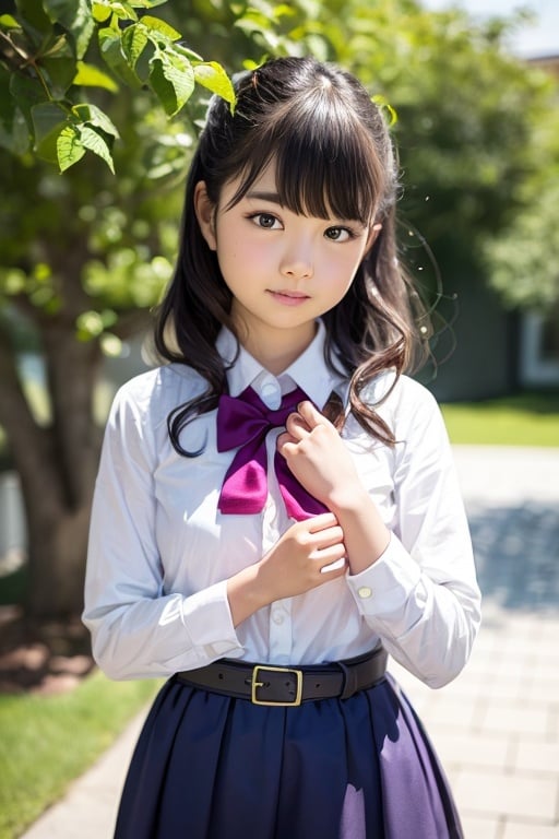 masutepiece, Best Quality, {Best Quality}, {{masutepiece}}, {hight resolution}, Illustration, 1girl in, Inoue Takina, Long hair, Bangs, Black hair, (Purple eyes:1.2), blush, Shirt, Long sleeves, Dress, bow ribbon, School uniform, White shirt, Collared shirt, Belt bag, Neck ribbon, Blue Dress, Green Ribbon, pleated dress, grey dress, two-tone dress, Blue belt, Lycoris Uniform, Looking at Viewer