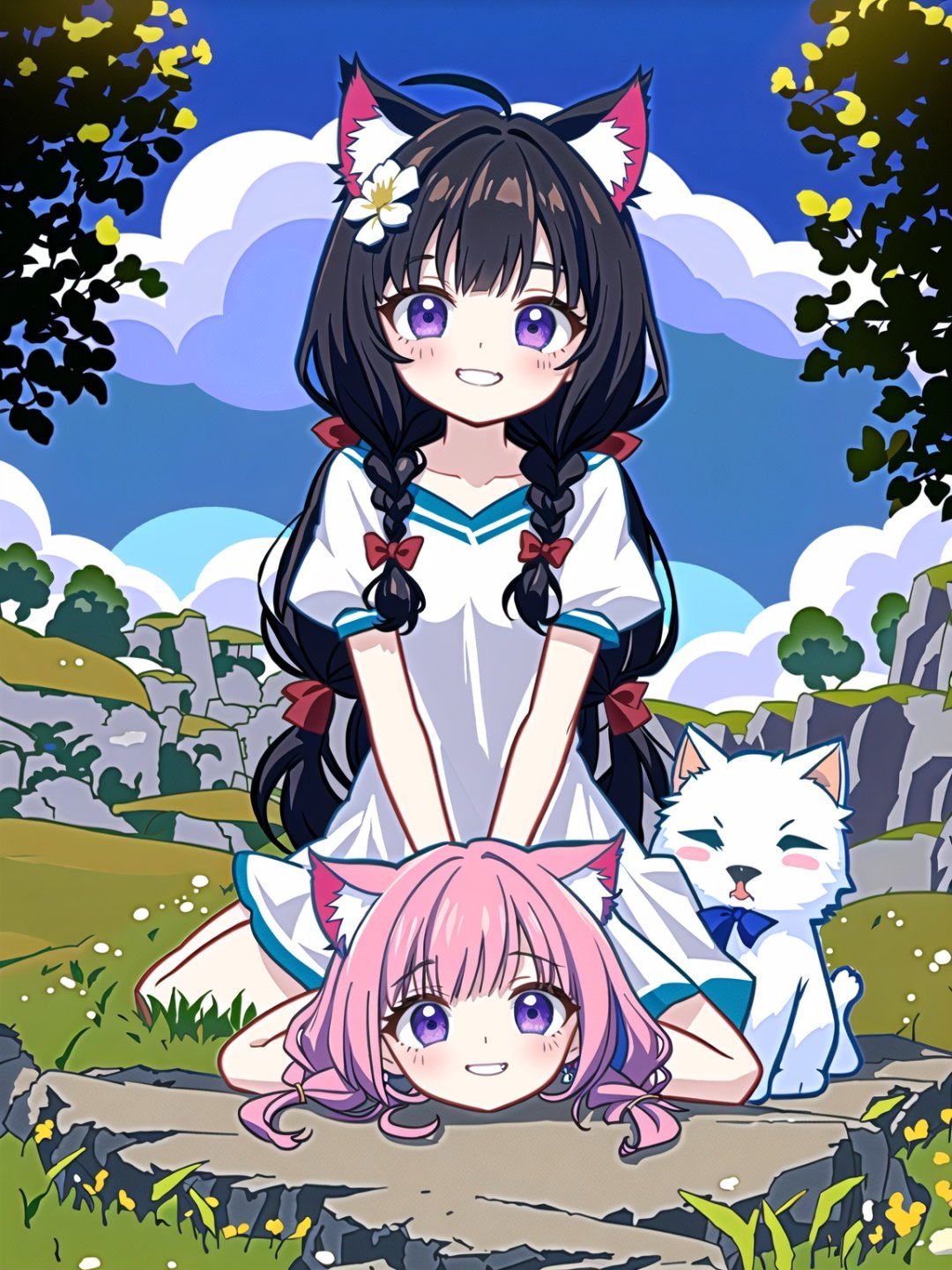 rainbow,1girl,animal ears,smile,black hair,virtual youtuber,shirt,flower,lying,hair ornament,hair flower,multicolored hair,toy,cat ears,blush,white shirt,solo,animal ear fluff,on stomach,unicorn,stuffed toy,grin,bangs,braid,stuffed animal,purple hair,short sleeves,purple eyes,twin braids,collarbone,pink hair,female child,twintails,streaked hair,white flower,long hair,aged down,child,//,<lora:GenshinSimpleGraph-000160:0.95>,