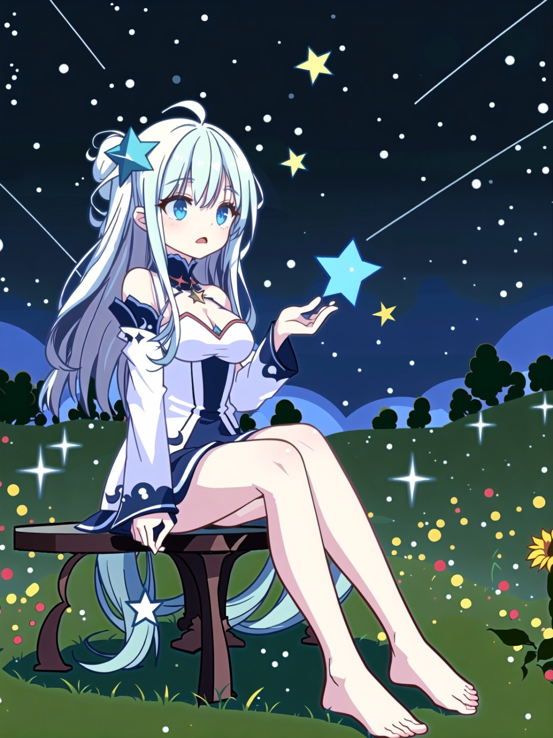 1girl,solo,sitting,long hair,breasts,star \(sky\),looking up,blue eyes,sky,starry sky,see-through sleeves,dress,bare shoulders,bangs,night,closed mouth,grass,white hair,see-through,outdoors,long sleeves,medium breasts,cleavage,shooting star,night sky,blush,hair between eyes,hair ornament,looking away,very long hair,thighs,flower,looking afar,feet out of frame,detached sleeves,collarbone,constellation,short dress,//,<lora:GenshinSimpleGraph-000160:0.95>,