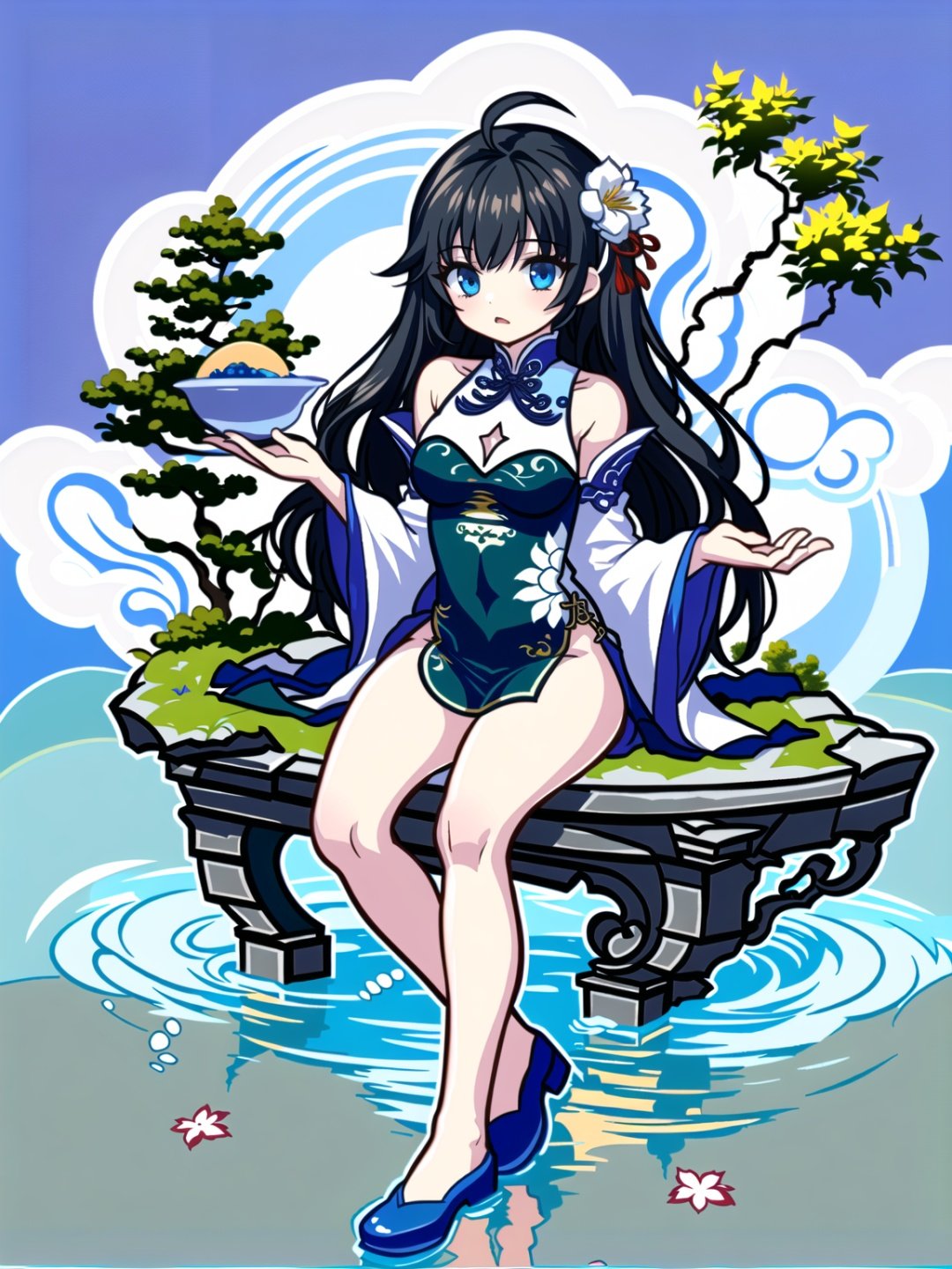 1girl,solo,long hair,dress,flower,breasts,detached sleeves,black hair,hair ornament,china dress,cleavage,ahoge,chinese clothes,looking at viewer,bare shoulders,hair flower,black dress,cleavage cutout,pelvic curtain,clothing cutout,black footwear,bangs,long sleeves,very long hair,side slit,full body,closed mouth,bare legs,medium breasts,black eyes,shoes,white flower,floral print,petals,sitting,thighs,no panties,//,<lora:GenshinSimpleGraph-000160:1>,