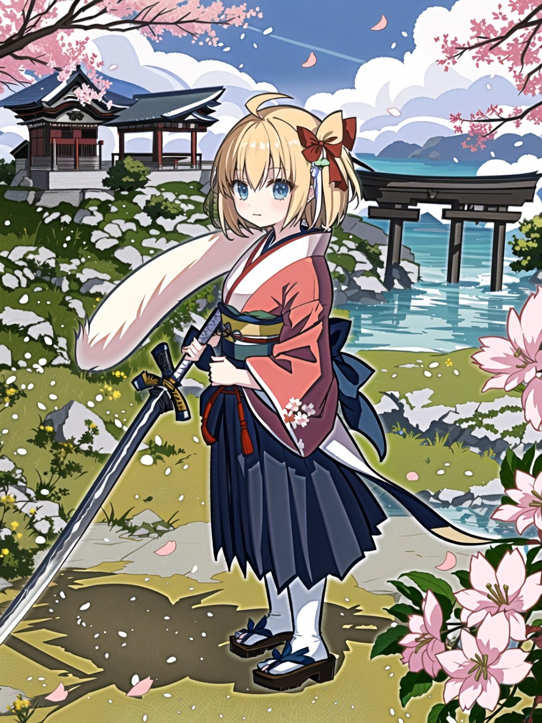 1girl, solo, weapon, sword, cherry blossoms, okita souji \(fate\), japanese clothes, okita souji \(koha-ace\), katana, kimono, blonde hair, bow, holding weapon, hair bow, holding, skirt, hakama skirt, hakama, holding sword, short hair, looking at viewer, sheath, yellow eyes, wide sleeves, from side, petals, outdoors, black bow, long sleeves, tree, ahoge, flower, sash, profile, pink kimono, hair between eyes, bangs//,<lora:GenshinSimpleGraph-000160:0.95>,