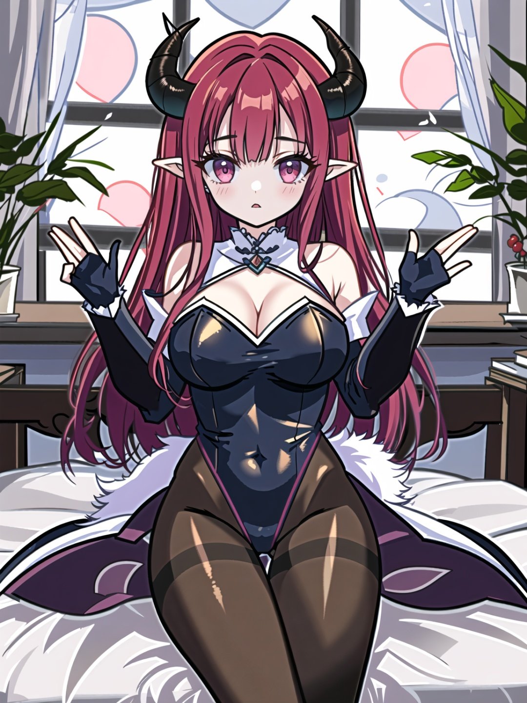 1girl, breasts, horns, solo, sitting, pointy ears, long hair, large breasts, pantyhose, red hair, navel, looking at viewer, cleavage, double v, demon girl, leotard, demon horns, bare shoulders, bangs, blush, red eyes, very long hair, between breasts, hair between eyes, closed mouth, navel cutout, clothing cutout, black leotard, brown pantyhose, thigh strap, pink eyes, demon tail, indoors, tail, curtains, hands up, choker, window, black choker, on bed, bridal gauntlets, thighs, v, black pantyhose, jewelry, lace trim, wrist cuffs, thighband pantyhose//,<lora:GenshinSimpleGraph-000160:0.95>,