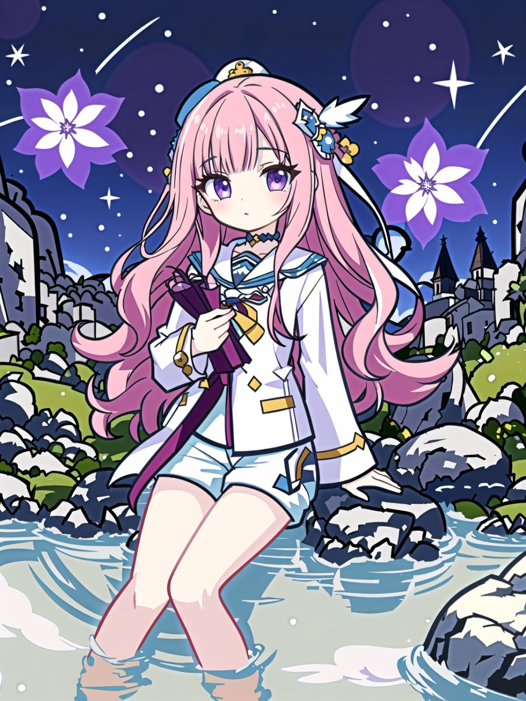 MapleStory,1girl,wavy_hair,lighting,Pink hair,blunt_bangs,((((Cephalospermum)))),purple_eyes,White hoodless cloak,White shorts,barefoot,Floating asteroid,(((((No hat))))),Delicate and beautiful eyes,//,<lora:GenshinSimpleGraph-000160:0.95>,