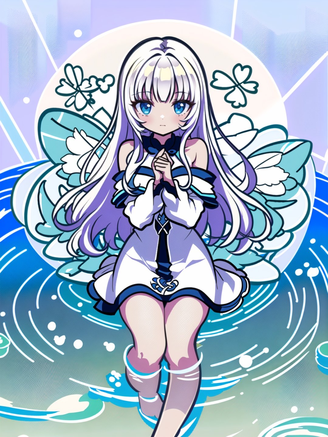 beautiful detailed glow,Floating ice crystals,((masterpiece)),(((best quality))),((ultra-detailed)),((illustration)),solo,girl,Dark skin,black eyes,white hair,disheveled hair,Loose hair,White glossy loose long hair,White off shoulder dress,barefoot,//,<lora:GenshinSimpleGraph-000160:1>,