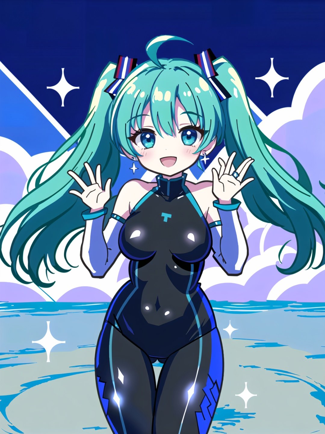 1girl, breasts, solo, long hair, microphone, holding, hair ornament, looking at viewer, smile, open mouth, large breasts, thigh gap, hairclip, blue eyes, holding microphone, :d, jewelry, blush, bangs, very long hair, ahoge, covered navel, twintails, bodysuit, cowboy shot, hands up, bare shoulders, earrings, two side up, detached sleeves, blue hair, aqua hair, standing, ring, hatsune miku, long sleeves, black bodysuit, skin tight, ass visible through thighs, hair between eyes, sparkle, glint//,<lora:GenshinSimpleGraph-000160:0.95>,