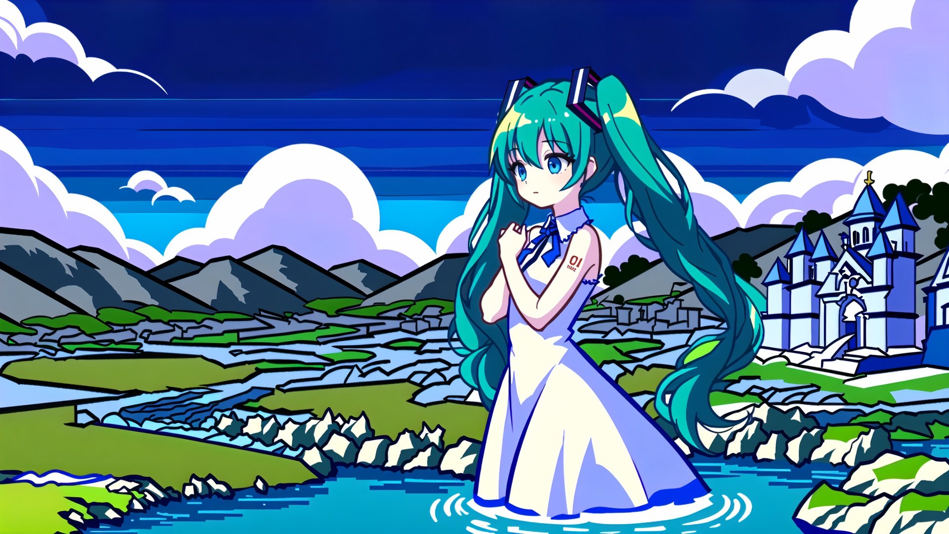 1girl,solo,hatsune miku,long hair,closed eyes,dress,twintails,very long hair,blue hair,ribbon,sky,from side,cloud,profile,own hands together,floating hair,bare shoulders,character name,blue dress,hands on own chest,light particles,hair ribbon,//,<lora:GenshinSimpleGraph-000160:1>,