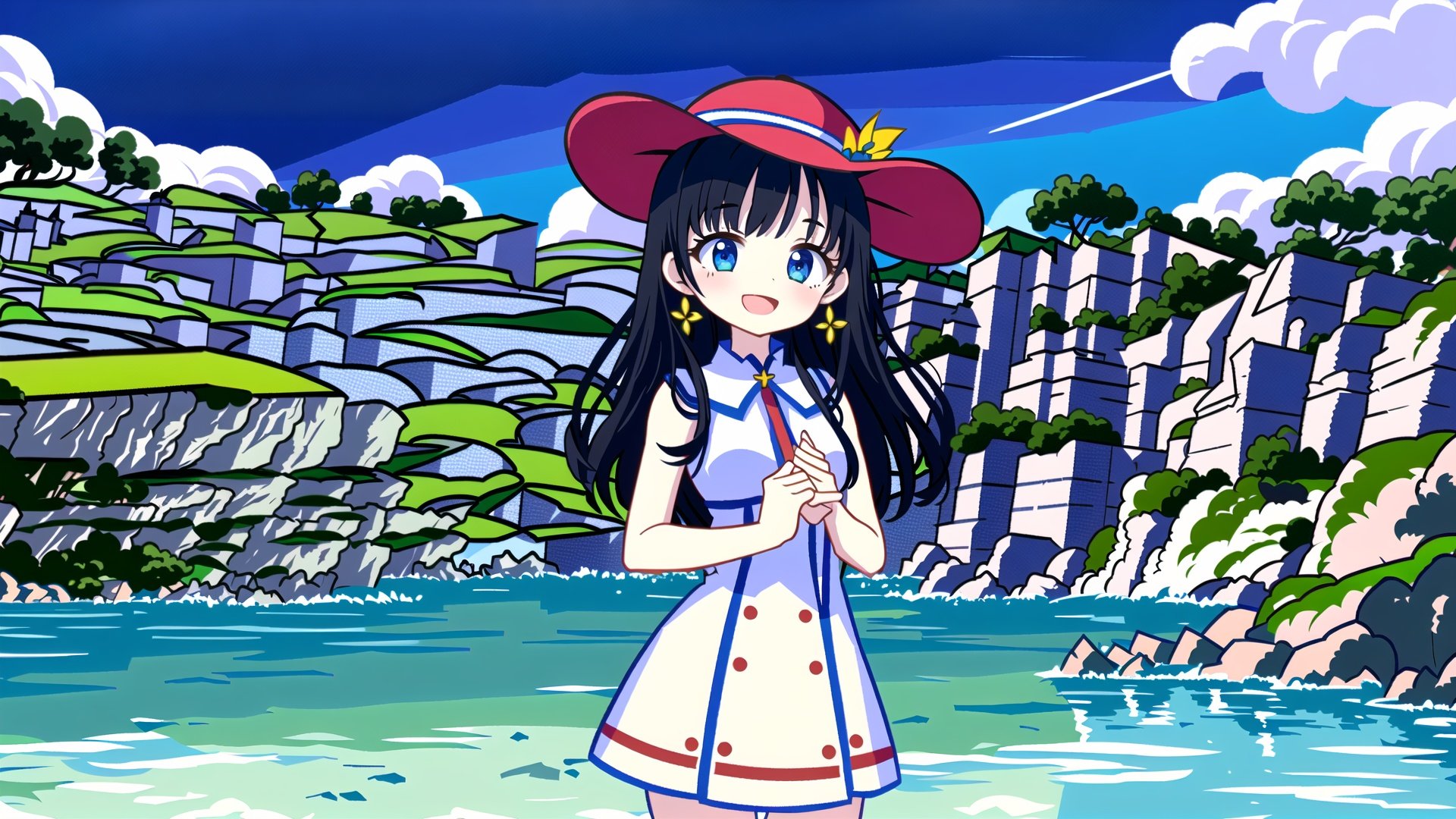 1girl, hat, dress, solo, outdoors, colored inner hair, holding, long hair, ocean, looking at viewer, sun hat, white dress, jewelry, smile, multicolored hair, earrings, day, headwear removed, hat removed, breasts, mole under eye, open mouth, black hair, two-tone hair, pink hair, mole, beach, sky, blush, sundress, cloud, holding clothes, blue sky, pink eyes, holding hat, looking back, :d, bare shoulders, bangs, medium breasts, purple eyes, ribbon, sleeveless dress, water, sleeveless, halterneck, hat ribbon, from behind, dutch angle, standing, horizon, bare arms, sideboob//,<lora:GenshinSimpleGraph-000160:1>,