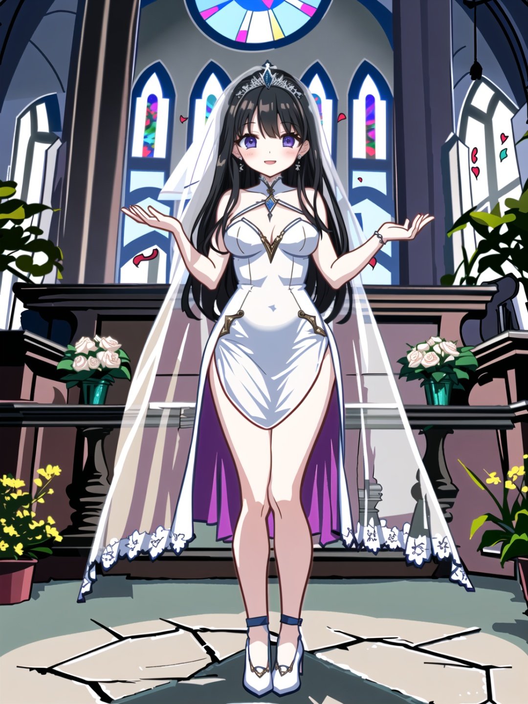 1girl, breasts, dress, veil, church, solo, large breasts, black hair, white dress, covered navel, high heels, looking at viewer, full body, cleavage, stained glass, candle, standing, smile, long hair, thighs, bridal veil, see-through, wedding dress, tattoo, indoors, side slit, white footwear, one eye closed, bangs, jewelry, pelvic curtain, bare legs, closed mouth, tiara, blush, legs, purple eyes, long dress, no panties, stairs, earrings, petals, see-through dress, clothing cutout//,<lora:GenshinSimpleGraph-000160:0.95>,