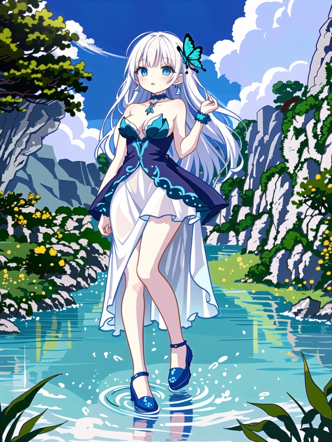 1girl,butterfly,solo,bug,dress,hair ornament,long hair,blue eyes,hair flower,flower,ripples,breasts,skirt hold,looking at viewer,black footwear,black dress,full body,blue flower,blue butterfly,very long hair,closed mouth,bangs,standing,bare shoulders,water,blush,rose,medium breasts,earrings,cleavage,jewelry,white hair,blue rose,wrist cuffs,hair between eyes,sleeveless dress,sleeveless,shoes,reflection,animal,standing on liquid,bare legs,see-through,choker,blue hair,//,<lora:GenshinSimpleGraph-000160:0.95>,