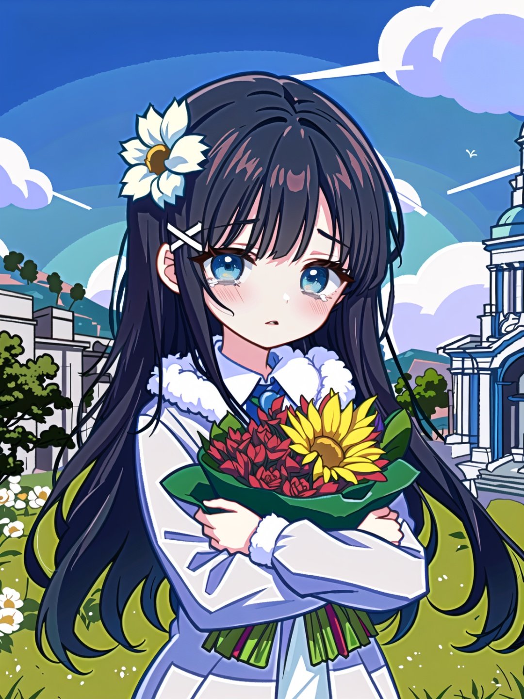 flower, 1girl, solo, crying, bouquet, tears, long hair, crying with eyes open, blush, parted lips, hair ornament, blue flower, white flower, bangs, black hair, cloud, fur trim, sky, cloudy sky, plaid, outdoors, looking at viewer, jacket, upper body, fur-trimmed jacket, holding, nose blush, holding bouquet, grey jacket, fur collar, hairclip, blue eyes, building, x hair ornament, looking to the side, unmoving pattern, day, plaid jacket//,<lora:GenshinSimpleGraph-000160:0.95>,