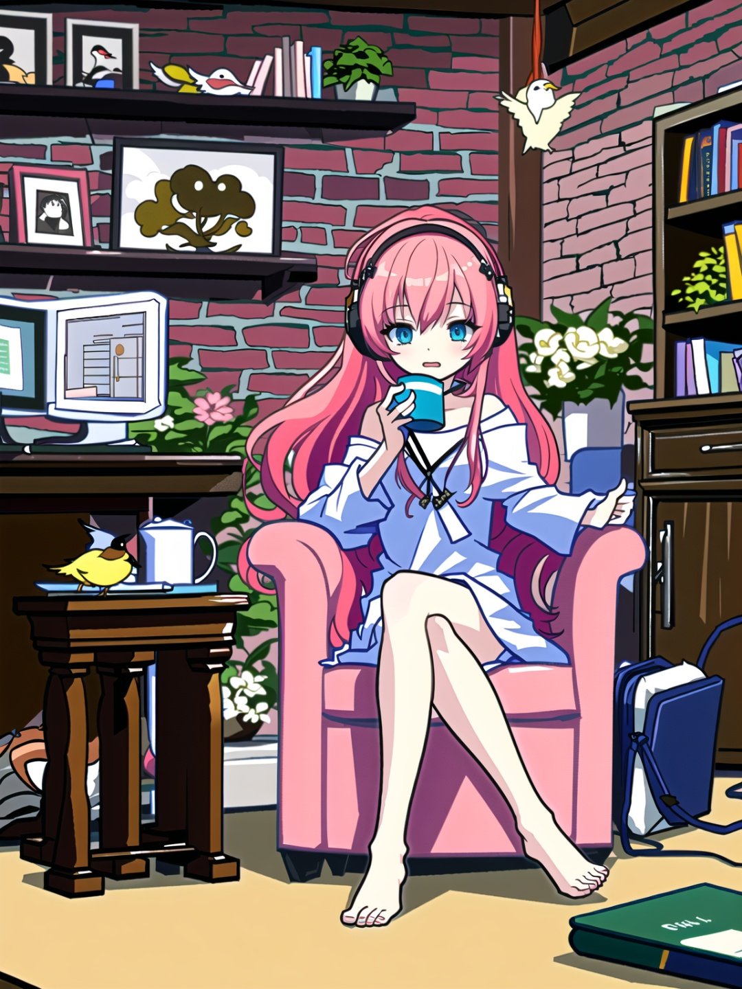 1girl,computer,headphones,laptop,solo,megurine luka,pink hair,instrument,bird,guitar,acoustic guitar,barefoot,food,box,book,sitting,long hair,cup,chair,headphones around neck,cardboard box,table,plate,flower,mug,//,<lora:GenshinSimpleGraph-000160:0.95>,