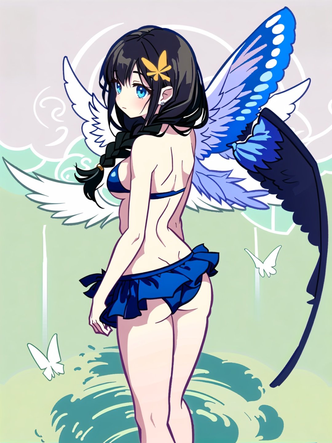 1girl,solo,long hair,wings,butterfly wings,braid,from behind,black hair,bare shoulders,very long hair,jewelry,back,skirt,swimsuit,bikini,earrings,grey background,holding,hair ornament,bikini top only,multiple braids,bare arms,breasts,facing away,//,<lora:GenshinSimpleGraph-000160:0.95>,