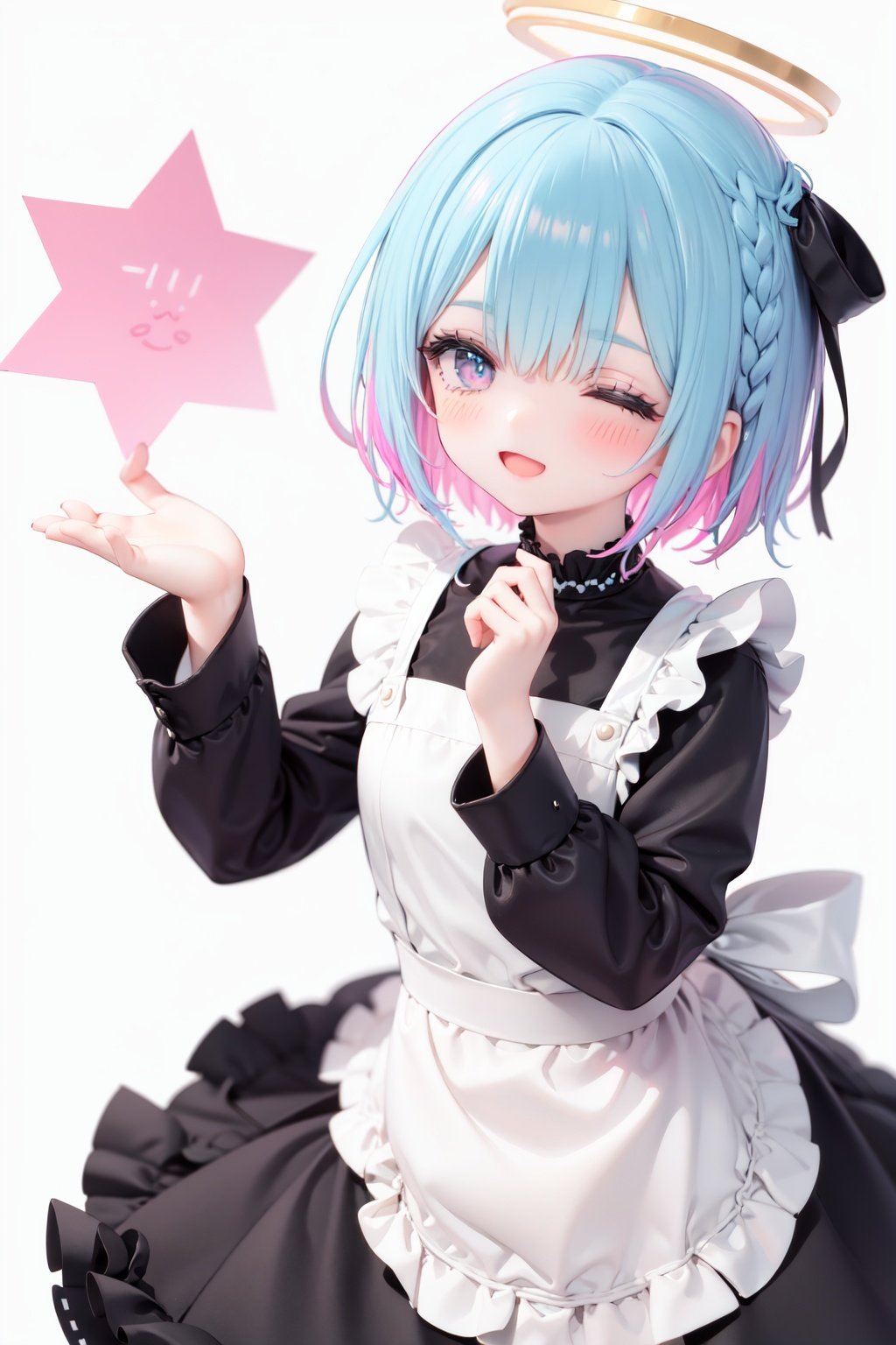  1girl, solo, apron, halo, hair over one eye, closed eyes, smile, white background, dress, white apron, simple background, long sleeves, multicolored hair, braid, open mouth, blue hair, alternate costume, blush, bangs, :d, pink hair, black dress, ribbon, frilled dress, enmaided, short hair, hand up, colored inner hair