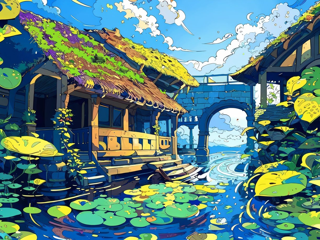 (((masterpiece))),((extremely detailed CG unity 8k wallpaper)),best quality,high resolution illustration,Amazing,highres,intricate detail,(best illumination, best shadow, an extremely delicate and beautiful),2D ConceptualDesign,scenery,lily pad,outdoors,sky,cloud,no humans,day,water,building,blue sky,tree,boat,watercraft,house,bridge,fantasy,<lora:CJ cation:1>,, (best quality, high quality, masterpiece,),