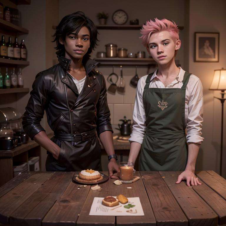 marshall_lee_fionna, young men, 23 years old,  broad shoulder, large pectorals, short hair, black hair, 2boys, jacket, pink hair, indoors, dark skin, apron, dark-skinned female, black jacket, table, cafe<lora:marshall_lee_fionna-30:0.6>