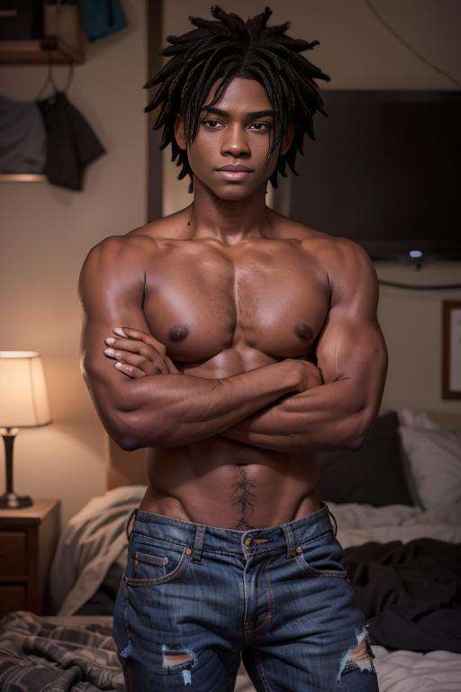 marshall_lee_fionna, hands behind head, 1boy, young man, 23 years old, dark skin, stubble, muscular, broad shoulders, short hair, black hair, dreadlocks, shirtless, looking at you, arrogant smirk, room, jeans, <lora:marshall_lee_fionna-30:0.6>