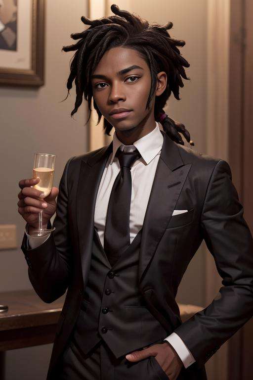 marshall_lee_fionna, young man, stubble, muscular, dreadlocks, broad shoulders, shirt, black hair, holding, upper body, male focus, necktie, formal,  dark skin, suit, black necktie, drinking glass, champagne flute,   <lora:marshall_lee_fionna-30:0.6>